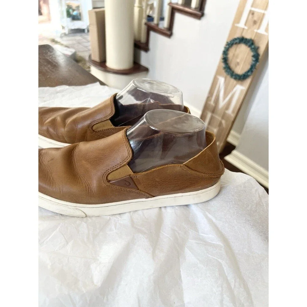OluKai Pehuea Leather Slip On Shoes Floc Fox Brown Slides 2 Way Loafers Size 9.5